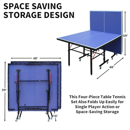 Professional Table Tennis Table, Foldable Ping Pong Game Set for Indoor, 8FT 9FT Single Player Playback Mode Ping Pong Table with Net and Post Set, 2 Paddles and 3 Balls (Blue-8x4FT-Thicker Legs)