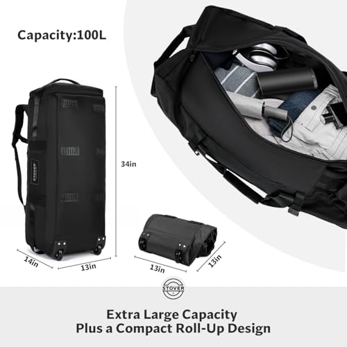 STOVER 45/80/100L Rolling Duffel Bag with Wheels, X-Large Durable Travel Duffle + Toiletry Bag, Heavy Duty, Packable with Shoulder Straps- Use as Luggage or Backpack, Men/Women (Black) - color: Black