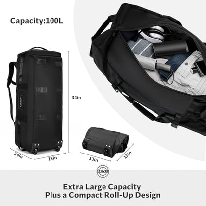 STOVER 45/80/100L Rolling Duffel Bag with Wheels, X-Large Durable Travel Duffle + Toiletry Bag, Heavy Duty, Packable with Shoulder Straps- Use as Luggage or Backpack, Men/Women (Black) - color: Black