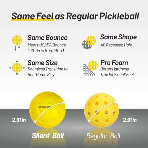 Silent Pickleball Balls - Quiet Practice for Indoor & Outdoor | Pro Foam, 40 Holes | Real Feel Like Traditional Pickleballs | USAPA Standard Bounce | 4-Pack + Bonus Mesh Bag - color: Yellow