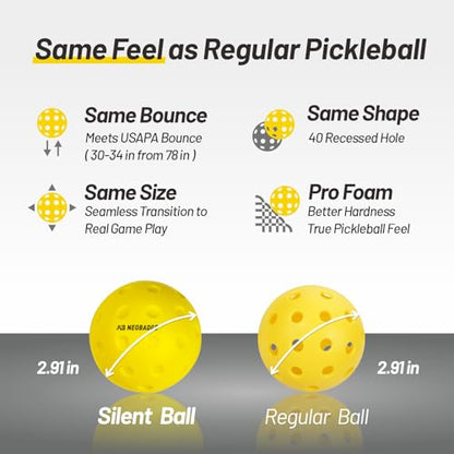 Silent Pickleball Balls - Quiet Practice for Indoor & Outdoor | Pro Foam, 40 Holes | Real Feel Like Traditional Pickleballs | USAPA Standard Bounce | 4-Pack + Bonus Mesh Bag - color: Yellow