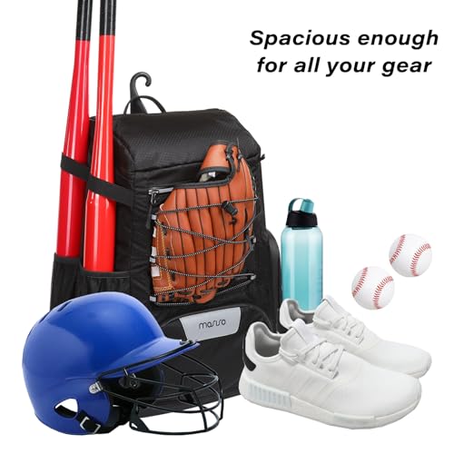 MOSISO Baseball Bat Bag, Large Capacity Baseball Backpack for Men Women, Lightweight Softball Equipment Backpack Catchers Gear Bag with Fence Hook & Shoe Compartment for Training Sports, Black