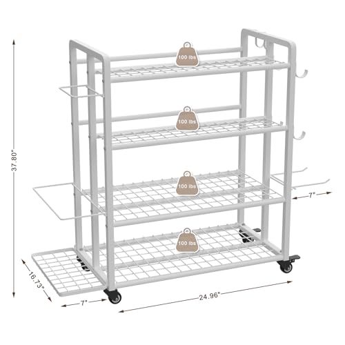 4-Tier Dumbbell Rack Stand Only, Adjustable Weight Rack for Dumbbells Kettlebells Yoga Mat, Home Gym Storage Rack with Wheels and Hooks, Powder Coated Finish