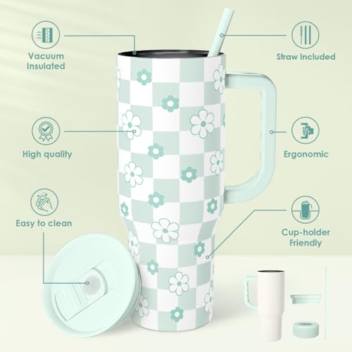 SANDJEST 40oz Daisy Flower Tumbler with Handle and Straw - Insulated Stainless Steel Coffee Travel Mug for Women Girls, Floral Gift Idea for Birthday Christmas - color: Checker Daisy