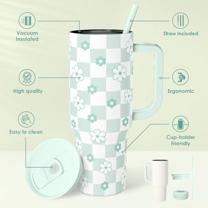 SANDJEST 40oz Daisy Flower Tumbler with Handle and Straw - Insulated Stainless Steel Coffee Travel Mug for Women Girls, Floral Gift Idea for Birthday Christmas - color: Checker Daisy