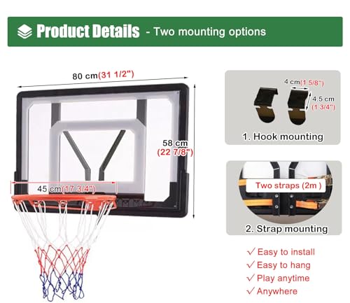 Basketball Hoop Outdoor Wall Mounted, Sturdy Kids Basketball Backboard and Rim for Pole Mount/Fence/Garage Door, Strap-on or Suspension Mounting