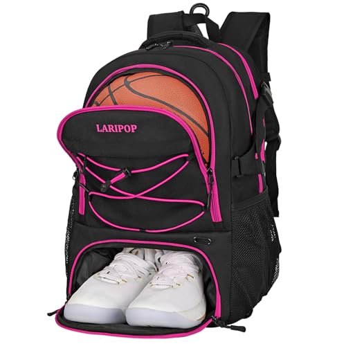 LARIPOP Basketball Backpack Large Basketball Bag with Ball Holder & Shoe Compartment for Youth Adults Men Women - color: Rose Red