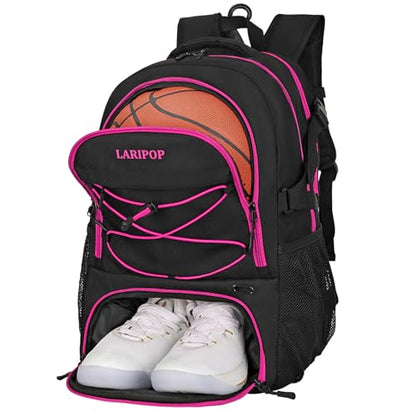 LARIPOP Basketball Backpack Large Basketball Bag with Ball Holder & Shoe Compartment for Youth Adults Men Women - color: Rose Red