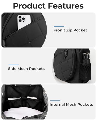 Drawstring Tennis Backpack, Puffer Tennis Racket Bag with Shoe Compartment & Wet Pocket Gym Bag for Women, Suitable for Pickleball Tennis Badminton - color: Black
