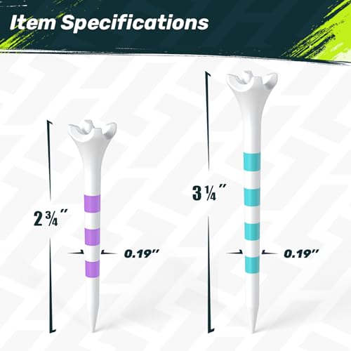 SAPLIZE Upgraded 4-Prong Golf Tees Plastic, 50/100/120/200 Pack (1-1/2", 2-3/4'', 3-1/4"), Engineered to Reduce Friction & Side Spin, Unique Golf Gifts for Golfers - color: Purple (25pcs, 2-3/4") & Green (25pcs, 3-1/4")