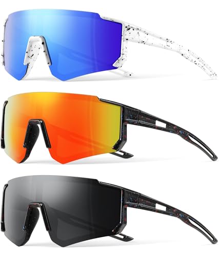 3PACK Kids Sunglasses Youth Baseball Sunglasses for Boys Girls Age 4-12,Softball Sports Cycling Goggles UV Protection - color: A02-blue+black Red+black