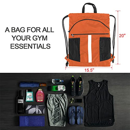 BeeGreen Drawstring Backpack Bag with Shoe Compartment, X-Large Black Gym Sports String Cinch Backpack - color: Orange