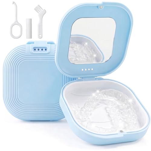 Retainer Case with Mirror, Aligner Case with Vent Holes for Invisalign, Portable Aligner Kit, Removable Silicone Liner, Orthodontic Storage Box Secure Magnetic Closure for Travel - SkyBlue - color: SkyBlue with Mirror