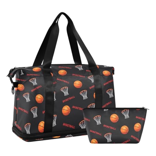 ALAZA Basketball Net Black Travel Duffel Bag Tote Bag Multi Compartment Weekender Overnight Bag with Wet Pocket for Travel Men Women