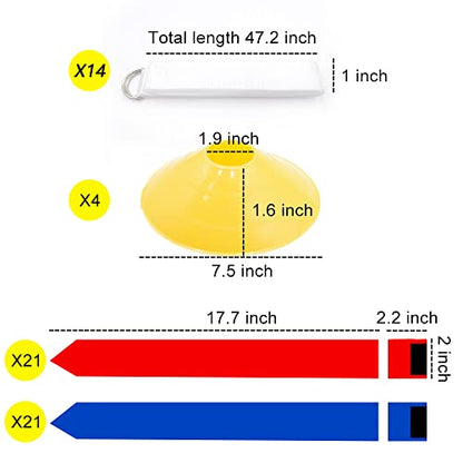Flag Football Set - 14 Durable Belts with 42 Flags, Bonus 4 Cones and 1 Drawstring Bag (21 Red and 21 Blue) for Youth & Adults
