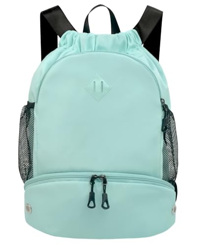 RHDZO Drawstring Backpack Gym Backpack with Shoe Compartment for Men Women String Sports Bag with Wet Pocket Cinch Swim Beach Bag, Large Mint Green - color: Large Mint Green