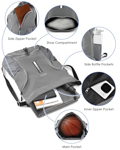 BROTOU Soccer Drawstring Backpack, Basketball Bag, Volleyball Football Bags with Ball and Shoe Compartment - color: Gray