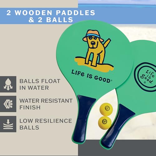 Life Is Good Wooden Paddle Ball Set (Happiness in Waves), 2 Wooden Paddles & 2 Balls, Contoured Grip Handles, Travel-Ready Family Game for Park, Picnic, Yard, and Campsite Play - color: Happiness in Waves