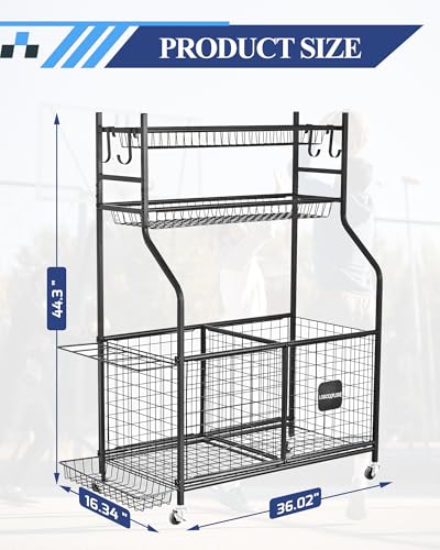Sports Equipment Storage Organizer Rack with Rolling Wheels, Garage Ball Storage Cart for Basketball, Soccer, Baseball, Heavy-Duty Metal Sports Rack for Garage, Home, School Gym
