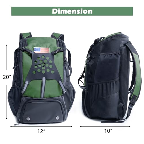 Baseball Backpack for Youth, Boys, Adults - Bat and Softball Equipment Bag With Glove Holder, Helmet, Shoes Compartment - T-Ball Accessories and Baseball Gifts - color: Hunter Green - 42L