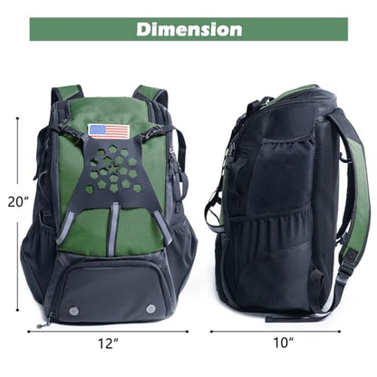 Baseball Backpack for Youth, Boys, Adults - Bat and Softball Equipment Bag With Glove Holder, Helmet, Shoes Compartment - T-Ball Accessories and Baseball Gifts - color: Hunter Green - 42L
