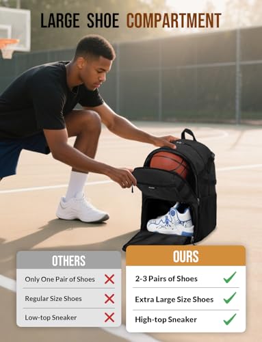 Basketball Backpack with Shoe Compartment Large Basketball Bag with Ball Holder for Men Women Gym Backpack fit Volleyball Football for Sports Travel Gym - Black - color: Black
