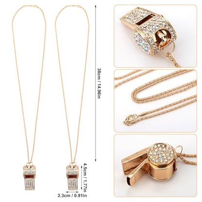 Gosknor 2pcs Gold Diamond Metal Bling Crystal Rhinestone Whistles with Golden Chain Lanyard Shining Loud Sound Sports Gift Gear for Referees, Teachers, Officials, Basketball, Football Training