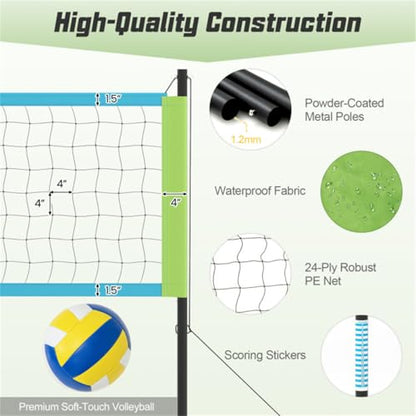 CZBZ Heavy-Duty Volleyball Net Set with 3-Level Adjustable Poles, Anti-Sag Winch, Portable for Backyard Beach Park Games