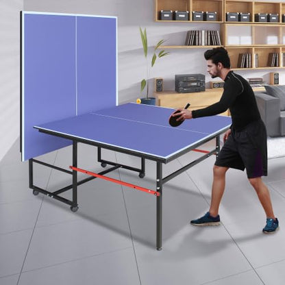 Folding Rolling Table Tennis Table Regulation Ping Pong Table with 2 Paddles 2 Balls 1 Net and Post Set Fold-Up Design 4 Wheels for Easy Movement, Blue (8 FT)