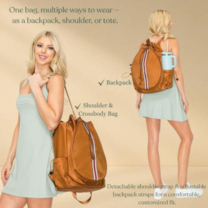 Tennis Bag for Women Racket Tote, Stylish Backpack - Unisex Racquet Sports Pickleball Bag Convertible Shoulder, Crossbody Strap Large Compartment - color: Backpack - Brown/Red