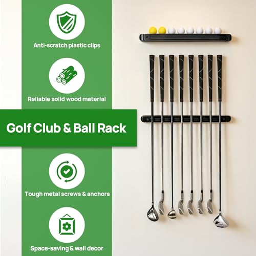 Wall-Mounted Golf Club Holder with Golf Ball Display Holder, 8 Clips Wooden Club Rack for Golfers & Collectors, Ideal Golf Accessories for Simulator, Garage, and Sports Room Wall Display