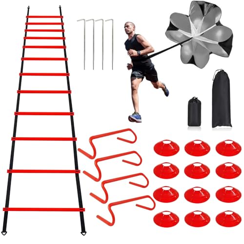 YEXEXINM Professional Agility Ladder Speed Training Equipment Set-20ft Agility Ladder,12 Soccer Cones, 4 Agility Hurdles, Running Parachute, Suitable for Soccer Football Basketball Training - color: red