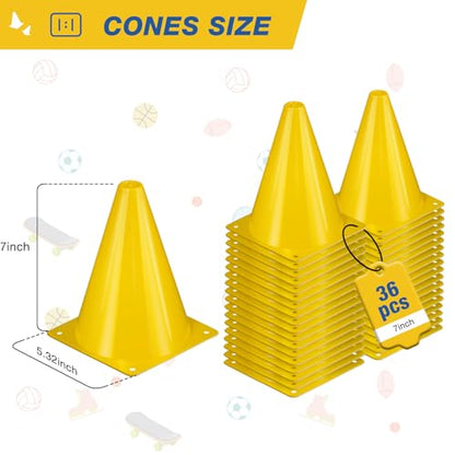 36pcs Cones 7 Inch Soccer Cones and Plastic Traffic Cones, Durable Cones for Sports Training, Ideal for Soccer, Basketball, Football, Skating, and Agility Drills Practice - color: yellow