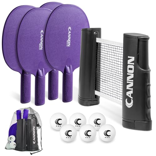 Cannon Sports Table Tennis Set – 4 Unbreakable Paddles, 6 3-Star Balls, Retractable Net & Carry Bag – Clamp-On Portable Ping Pong Net Fits Tables up to 2 Inch Thick, Extends to 6 Feet - color: Purple