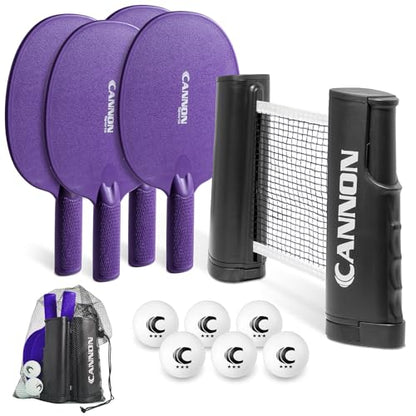 Cannon Sports Table Tennis Set – 4 Unbreakable Paddles, 6 3-Star Balls, Retractable Net & Carry Bag – Clamp-On Portable Ping Pong Net Fits Tables up to 2 Inch Thick, Extends to 6 Feet - color: Purple