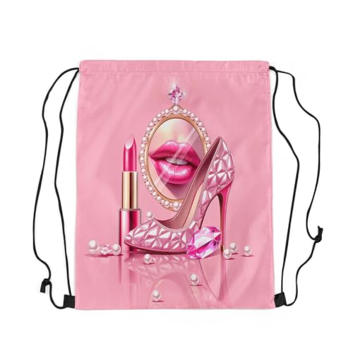 Castle Fairy Pink High Heel Drawstring Backpack,Rose Lipstick Waterproof Sports Gym Bag,Glitter Diamond and Pearl Large Capacity for Travelling,Swimming,Beach,Pink - color: Pink
