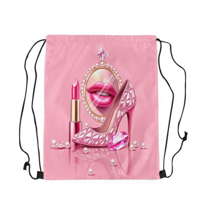 Castle Fairy Pink High Heel Drawstring Backpack,Rose Lipstick Waterproof Sports Gym Bag,Glitter Diamond and Pearl Large Capacity for Travelling,Swimming,Beach,Pink - color: Pink