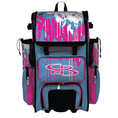 Boombah Superpack Hybrid Rolling Bat Bag - Wheeled & Backpack Version - Graffiti Drip - Multiple Color Options - color: Columbia Blue/Fluorescent Pink/White