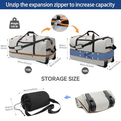 110L Expandable to 140L 32” Foldable Oxford Soft-Sided Rolling Duffle Bag with 2 Heavy-Duty Wheels, 2 Large Compartments, Adjustable Shoulder Strap and Attached Organizer Pouch,Grey - color: Grey