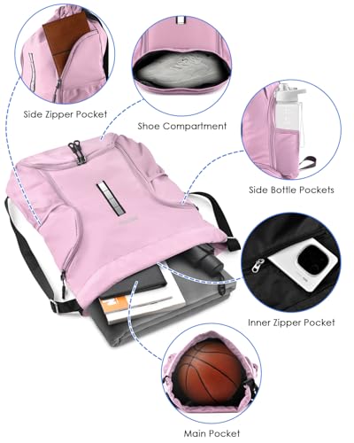 BROTOU Soccer Drawstring Backpack, Basketball Bag, Volleyball Football Bags with Ball and Shoe Compartment - color: Pink