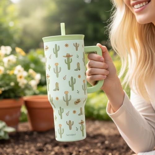 SANDJEST Cactus 40oz Tumbler with Handle and Straw, Insulated Stainless Steel Travel Coffee Mug for Women Girls, Gift Idea for Birthday Christmas Mothers Day - color: Cactus