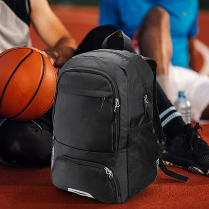 Basketball Backpack, Large Soccer Bag with Separate Ball Holder Shoe Compartment, Black Sport Bag for Basketball, Soccer, Football, Volleyball, Gym, Training, Travel