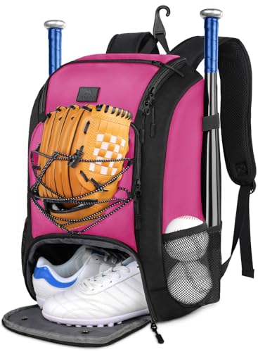 MATEIN Baseball Backpack, Softball Bat Bag with Shoes Compartment for Youth, Boys and Adult, Lightweight Baseball Bag with Fence Hook Hold TBall Bat, Batting Mitten, Helmet, Caps, Teeball Gear - color: Pink Black, size: 47L