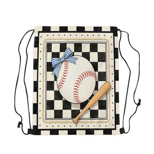 Castle Fairy Baseball Bow Drawstring Backpack Gym Bag,Black White Checkered Cinch Bag,Sports Gaming Foldable Draw String Back Bags Sports Bags,Black Beige - color: Black Beige
