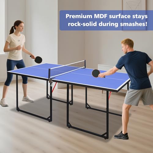 6FT Ping Pong Table Foldable Midsize Table Tennis Table for with Net, Table Tennis Paddles and Balls, MDF Multi-Use Family Game Table Assembly Free for Kid Teenager Adult, Compact & Portable