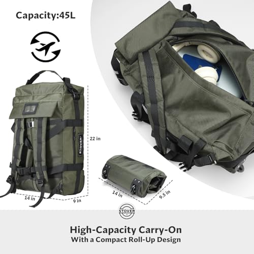 STOVER 45/80/100L Carry-On Rolling Duffel Bag with Wheels, Medium Durable Travel Duffle w/Toiletry Bag, Packable, Foldable with Shoulder Straps- Use as Luggage or Backpack, Men/Women (Green)