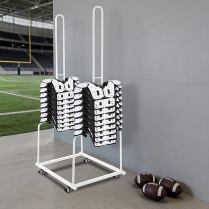 Football Shoulder Pad Rack, 100lbs Capacity Freestanding Shoulder Pads Football Organizer with 4 Rolling Casters, 69in Tall Equipment Storage Rack for Slow-Pitch Softball Baseball - color: White