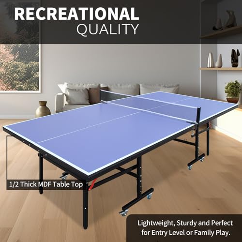 8ft Mid-Size Table Tennis Table Foldable & Portable Ping Pong Table Set for Indoor Games with Net, 2 Table Tennis Paddles and 3 Balls - style: Upgrade thicken legs