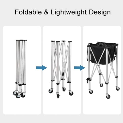 Tennis Ball Basket Hopper with Side Pockets,Portable Sports Teaching Cart with Wheels,Lightweight Foldable Tennis Ball Cart Holds 160 Balls for Tennis Player,Carrying Case Included Black