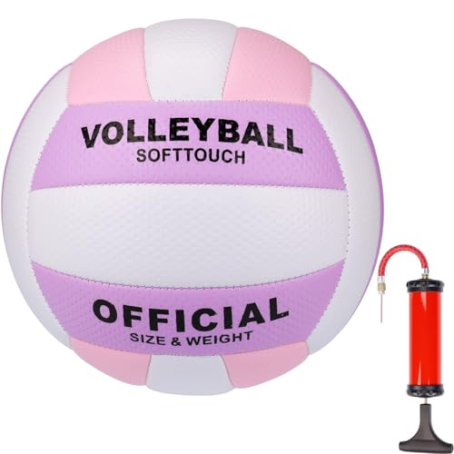 Official Size 5 Volleyball – Premium PVC Indoor & Outdoor Volleyball with Air Pump, Durable Non-Slip Surface, Lightweight Training Ball for Recreational Play - color: White + Pink + Purple